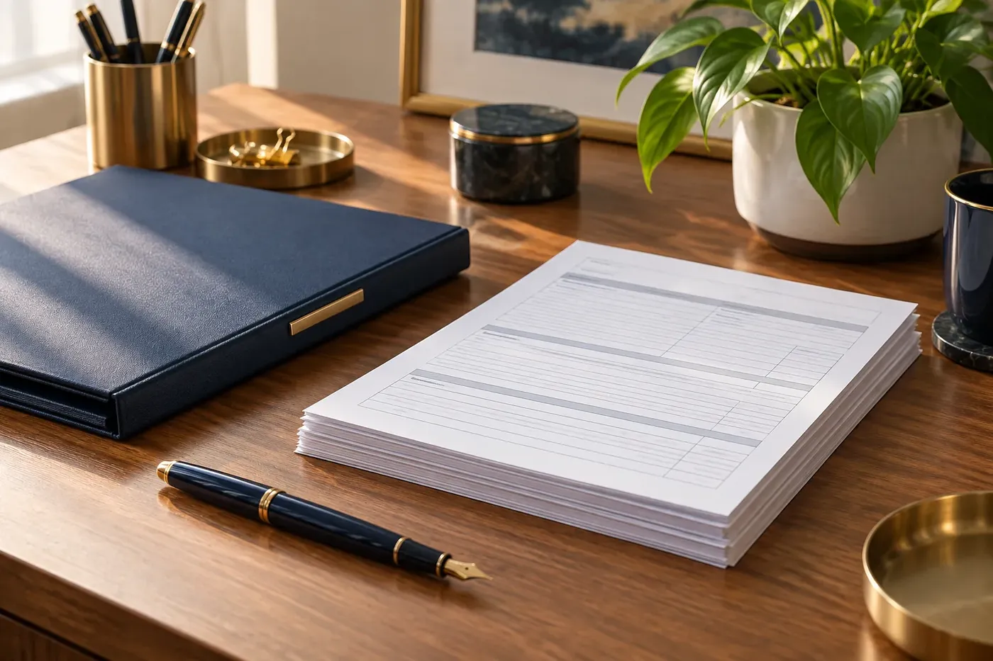 Decorative illustration of a tidy desk with tax paperwork, a calculator, and a cup of coffee